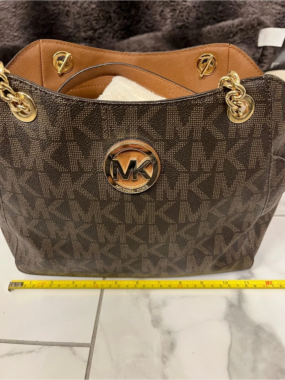 Michael Kors Brown MK Signature Shoulder Bag with Gold Hardware